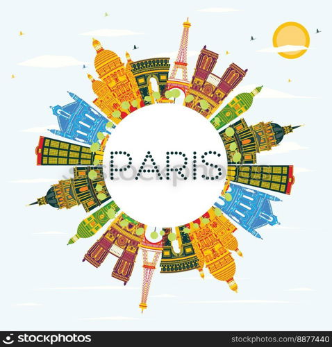 Paris Skyline with Color Buildings, Blue Sky and Copy Space. Vector Illustration. Business Travel and Tourism Concept with Historic Architecture. Image for Presentation Banner Placard and Web Site