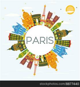 Paris Skyline with Color Buildings, Blue Sky and Copy Space. Vector Illustration. Business Travel and Tourism Concept with Historic Architecture. Image for Presentation Banner Placard and Web Site