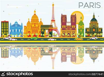 Paris Skyline with Color Buildings, Blue Sky and Reflections. Vector Illustration. Business Travel and Tourism Concept with Historic Architecture. Image for Presentation Banner Placard and Web Site.