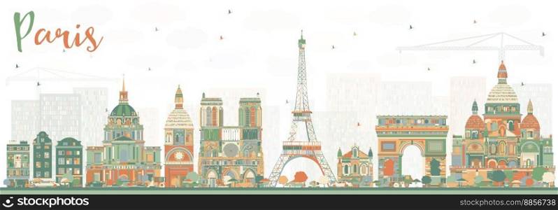 Paris Skyline with Color Landmarks. Vector Illustration. Business Travel and Tourism Concept with Historic Buildings. Paris Cityscape.