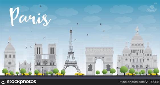Paris skyline with grey landmarks and blue sky. Vector illustration