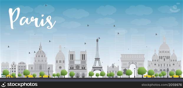 Paris skyline with grey landmarks and blue sky. Vector illustration