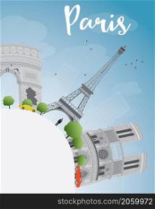 Paris skyline with grey landmarks, blue sky and copy space. Vector illustration
