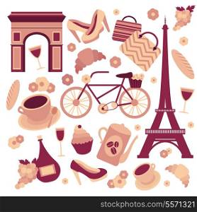 Paris symbols collection of eiffel tower french croissant coffee and culture isolated vector illustration