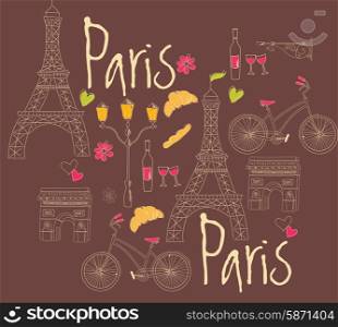 Paris symbols, postcard, hand drawn, vector illustration