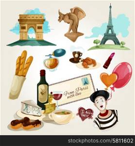 Paris touristic set with cartoon baguette wine croissant wine bottle icons isolated vector illustration. Paris Touristic Set