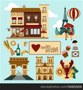 Paris touristic set with landmarks and France symbols vector illustration. Paris Touristic Set