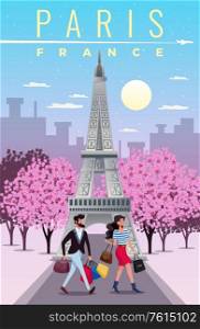 Paris travel background with sightseeing and shopping symbols flat vector illustration