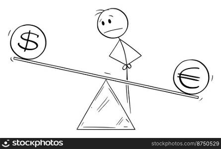 Parity of dollar and euro, currencies on balance scale, vector cartoon stick figure or character illustration.. Euro and Dollar Parity , Vector Cartoon Stick Figure Illustration