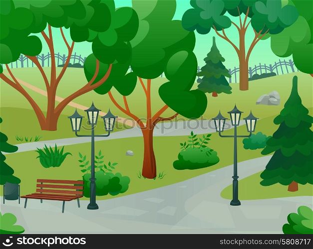 Park 2d game landscape with trees streetlights and bench flat vector illustration. Park Landscape Illustration