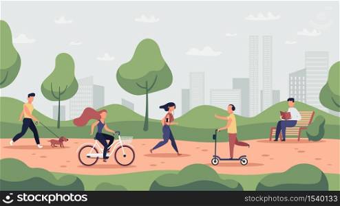 Park activities. Outdoor sport workout and healthy lifestyle, people running, riding bicycle and jogging, park activities vector illustration. Park activity, runner and workout, jogging exercise. Park activities. Outdoor sport workout and healthy lifestyle, people running, riding bicycle and jogging, park activities vector illustration