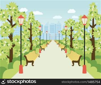 Park, alley with lanterns, benches and green trees. City garden, urban recreation area for relax and walk, bike path. Flat vector cartoon illustration.