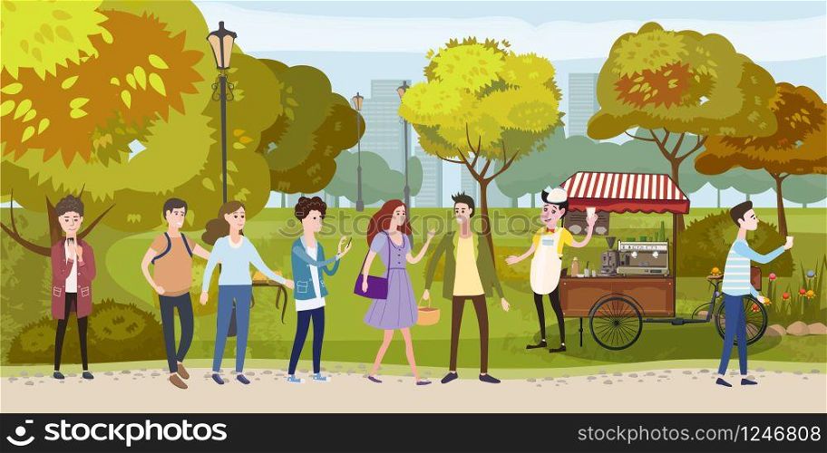 Park, cart and coffee barista, happy people stand in line for coffee, men and women, different characters, outdoor, vector, illustration. Park, cart and coffee barista, happy people stand in line for coffee, men and women, different characters, outdoor, vector, illustration, isolated cartoon style