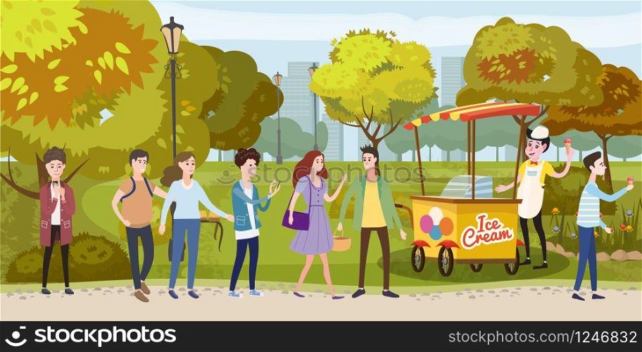 Park, cart and ice cream seller, happy people stand in line for ice cream, men and women, different characters, outdoor, vector, illustration. Park, cart and ice cream seller, happy people stand in line for ice cream, men and women, different characters, outdoor, vector, illustration, isolated cartoon style