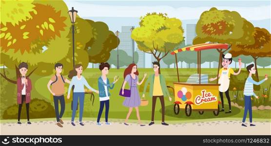Park, cart and ice cream seller, happy people stand in line for ice cream, men and women, different characters, outdoor, vector, illustration. Park, cart and ice cream seller, happy people stand in line for ice cream, men and women, different characters, outdoor, vector, illustration, isolated cartoon style