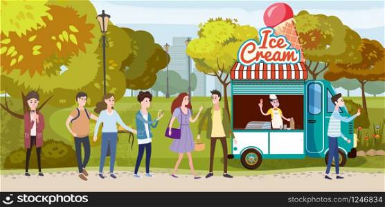 Park, cart and ice cream seller, track, happy people stand in line for ice cream, men and women, different characters, outdoor, vector, illustration. Park, cart and ice cream seller, track, happy people stand in line for ice cream, men and women, different characters, outdoor, vector, illustration, isolated cartoon style