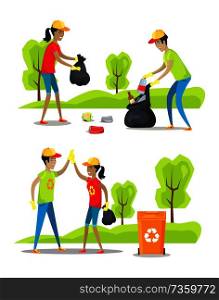 Park cleaning and rubbish collecting color poster isolated on white background vector illustration, working together man and woman, special trash bin. Park Cleaning and Rubbish Collecting Color Poster