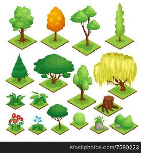 Park element set with plants and trees isometric isolated vector illustration