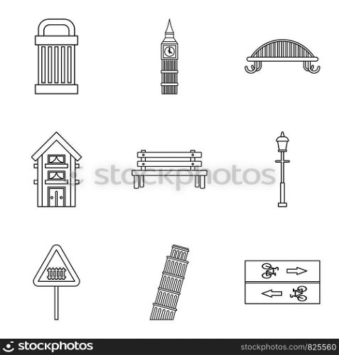 Park elements icons set. Outline set of 9 park elements vector icons for web isolated on white background. Park elements icons set, outline style