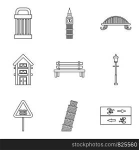 Park elements icons set. Outline set of 9 park elements vector icons for web isolated on white background. Park elements icons set, outline style