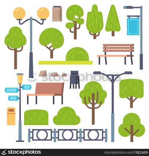 Park elements. Urban outdoor decor, lamppost and benches, bush and signboards, containers. Landscape panorama, public parks isolated outside vector set. Park elements. Urban outdoor decor, lamppost and benches, bush and signboards, containers. Landscape panorama, public parks vector set