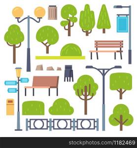 Park elements. Urban outdoor decor, lamppost and benches, bush and signboards, containers. Landscape panorama, public parks isolated outside vector set. Park elements. Urban outdoor decor, lamppost and benches, bush and signboards, containers. Landscape panorama, public parks vector set