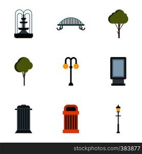 Park equipment icons set. Flat illustration of 9 park equipment vector icons for web. Park equipment icons set, flat style