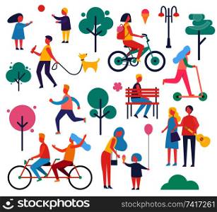 Park full of people isolated icons set vector. Male and female resting, children playing with ball, mom and child eating ice cream. Bikers on bicycles. Park Full of People Icons Set Vector Illustration