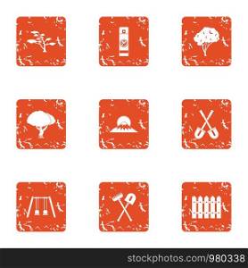 Park garden icons set. Grunge set of 9 park garden vector icons for web isolated on white background. Park garden icons set, grunge style
