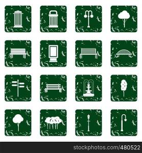 Park icons in simple ctyle. Outdoor elements set in grunge style green isolated vector illustration. Park icons set grunge