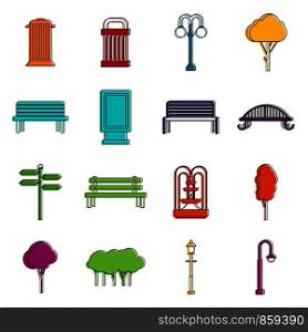 Park icons set. Doodle illustration of vector icons isolated on white background for any web design. Park icons doodle set