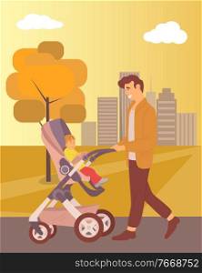 Park in autumn vector, father pushing perambulator with child, autumnal walk leisure people spending weekends, active strolling in city dad and son, concept for Father day. Father Walking with Kid in Buggy in Autumn Park