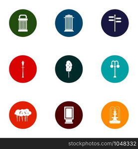 Park inventory icons set. Flat set of 9 park inventory vector icons for web isolated on white background. Park inventory icons set, flat style