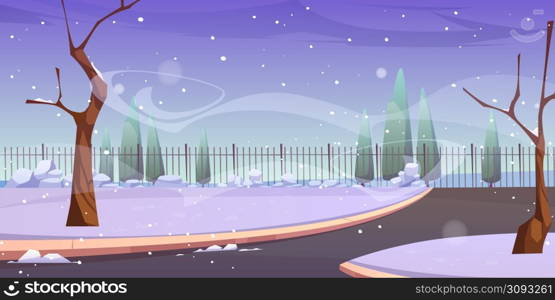 Park landscape with snow, bare trees and fence in winter. Vector cartoon illustration of empty street or public garden with paths, metal fencing and snowfall. Winter park with snow, bare trees and fence