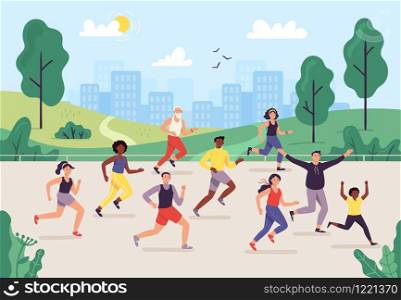 Park marathon. People running outdoor, joggers group and sport lifestyle. Jogging vector illustration. Male and female runners or athletes taking part in race or sprint, performing exercise together.. Park marathon. People running outdoor, joggers group and sport lifestyle. Jogging vector illustration