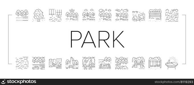 Park Meadow Nature And Playground Icons Set Vector. Park Green Leaves Tree And Bush, Foliage Forest Wood And Picnic Grass Lawn, Drinking Fountain And Swing, Bench And Light Black Contour Illustrations. Park Meadow Nature And Playground Icons Set Vector