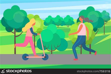 Park, morning jogging and girl on kick scooter vector. Woman running along path, fitness and outdoor activity, morning exercise and nature, workout. Woman Jogging in Park and Girl on Kick Scooter