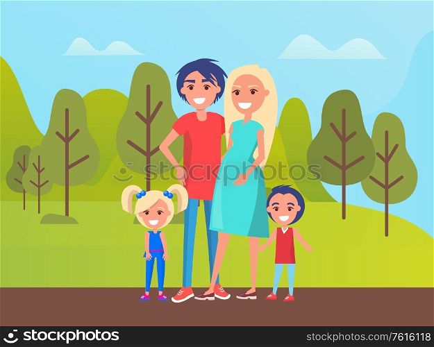 Park nature vector, father and mother with kids, children people smiling. Happy woman, pregnant lady glowing with happiness. Meadows with trees and bushes. Family Spending Time at Park, Father and Mother