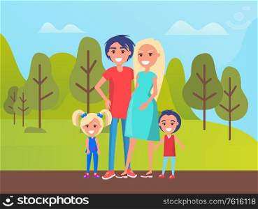 Park nature vector, father and mother with kids, children people smiling. Happy woman, pregnant lady glowing with happiness. Meadows with trees and bushes. Family Spending Time at Park, Father and Mother