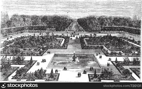 Park of Fontainebleau in France, during the 1890s, vintage engraving. Old engraved illustration of Park of Fontainebleau view from the castle.