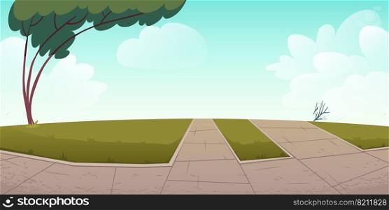 Park or city area with paths, green lawns and tree, summer time landscape with blue cloudy sky background, empty public place for walking and recreation, urban garden. Cartoon vector illustration. Park or city area with paths, green lawns and tree