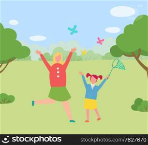 Park or forest meadow, girls jumping and catching butterflies with socket vector. Children having fun outdoors, summer outdoor activity, trees and bushes. Girls Kids Jumping on Meadow Catching Butterflies