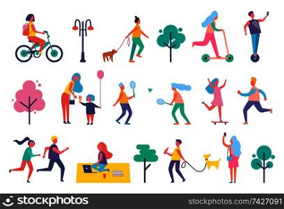 Park people isolated icons set. Biker on bicycle, woman walking pet dog, skating female and couple playing tennis. Freelance worker on blanket vector. Park People Isolated Icons Set Vector Illustration