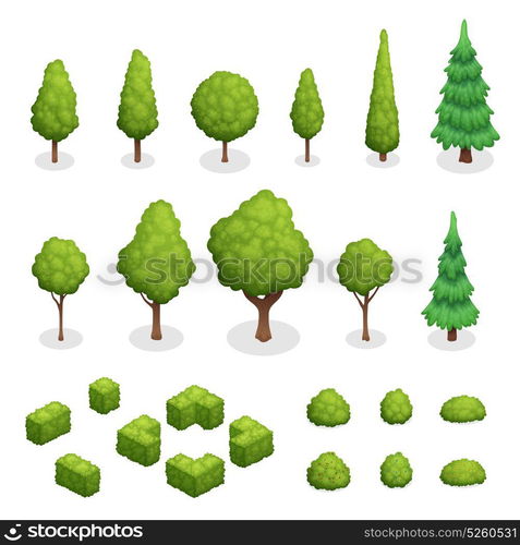 Park Plants Isometric Set. Isometric set of park plants with green trees and bushes of various shapes isolated vector illustration