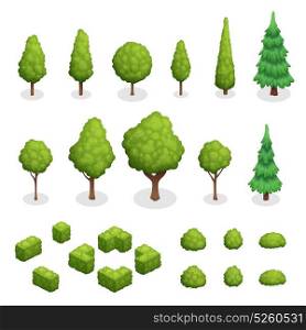 Park Plants Isometric Set. Isometric set of park plants with green trees and bushes of various shapes isolated vector illustration
