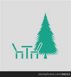 Park seat and pine tree icon. Gray background with green. Vector illustration.