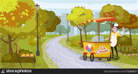 Park, seller and cart with ice cream, seller, trees. bench, background metropolis, vector illustration isolated. Park, seller and cart with ice cream, seller, trees. bench, background metropolis, vector, illustration, isolated, cartoon style