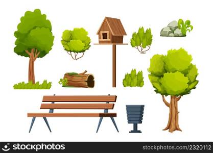 Park set of elements, wooden bench, trees, bush, stone with moss, old log, birdhouse, bin in cartoon style isolated on white background. Vector illustration