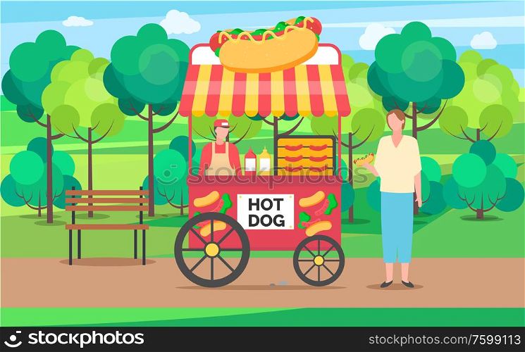 Park summer market vector, man selling hot dogs in kiosk with sauces in bottles and food ingredients for making dishes. Forests and nature greenery. Hot Dog Trailer, Seller Talking to Client Park