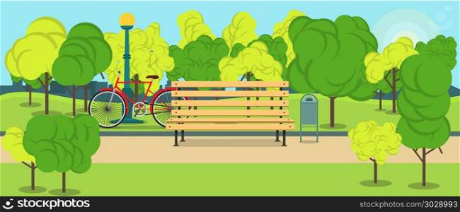 Park with bench,street light and red bicycle vector concept land. Park with bench,street light and red bicycle vector concept landscape flat illustration design.